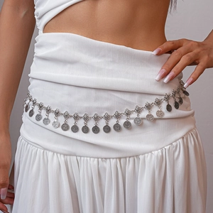 Vintage silver coin flower waist chain belt in ethnic bohemian style for women dresses