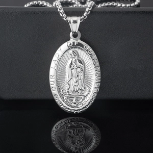 Vintage silver stainless steel oval Our Lady of Guadalupe pendant necklace for men and women