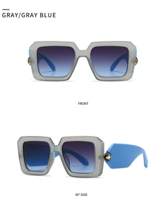 Front and 45-degree side view of oversized gray square sunglasses with blue temples
