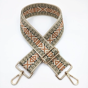 Ethnic style woven wide shoulder strap with geometric patterns and gold metal clips