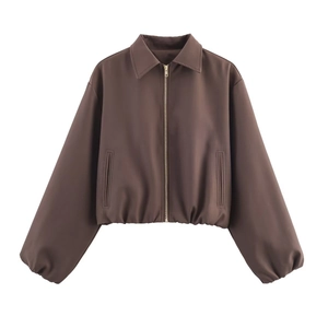 Fashionable dark brown cropped zip-up jacket for women with elastic cuffs and collar