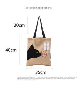 Detailed size chart for the black cat pattern knitted tote bag with dimensions shown