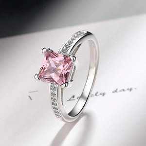 Elegant 925 silver ring featuring a large square pink zircon with four-prong setting
