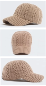 Detailed cable-knit texture of a warm beige baseball cap from three different angles