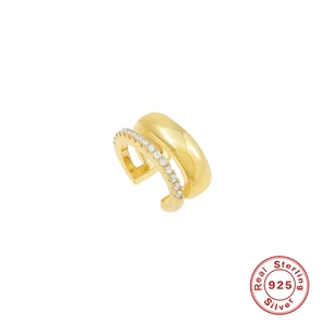 Double-layered 925 sterling silver ear cuff in gold with sparkling pave-set gemstones