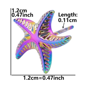 Detail of starfish earring with colorful rainbow finish and sizing measurements shown