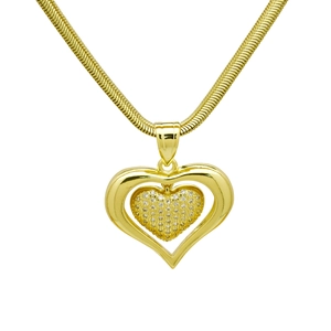 Detail of gold snake chain necklace with hollow heart pendant and micro-pave crystals