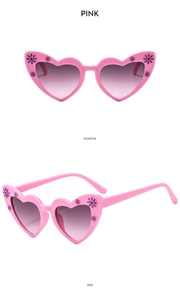Front and side view of pink heart-shaped kids sunglasses with floral frame accents