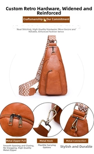 Detail of vintage brown PU leather chest bag with bronze hardware and ethnic strap