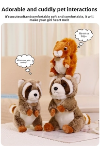 Detail of plush raccoon and squirrel forest animals with soft faux fur texture and tags