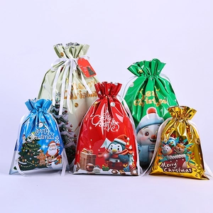 Metallic Christmas Gift Bags Plastic Drawstring Ribbon Tie For Candy Storage Santa Claus Snowman Reindeer Printed