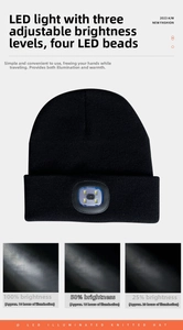 Detail of black knit hat with 4 LED bulbs and three brightness adjustment levels