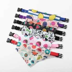 Set of six colorful pet bandanas with various fruit patterns and adjustable collars
