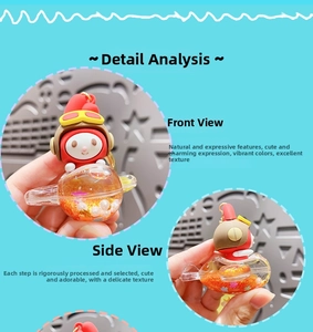 Macro detail of cartoon figurine keychain with glitter and pearls in liquid base