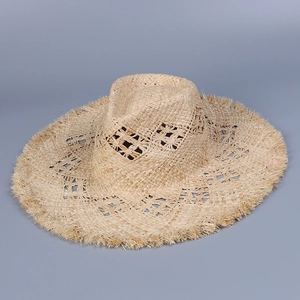 Women Natural Raffia Straw Fedora Hat Wide Brim Frayed Edge Hollow Out Summer Beach Sun Protection Foldable Travel Boho