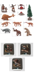 Miniature prehistoric toy set detail featuring cavemen, mammoth and saber-tooth tiger