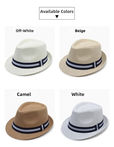 Detail showing four straw fedora hats in cream, beige, camel and white with striped bands