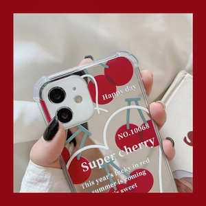 Clear iPhone case featuring a vibrant red cherry pattern and stylish white typography