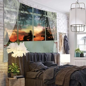 Tropical window view tapestry with sunset beach landscape for bedroom wall decor