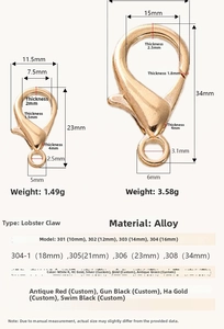 Detailed size chart for alloy lobster clasps for DIY jewelry making and keychains