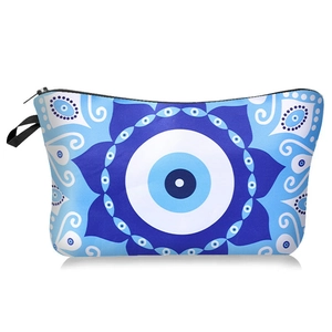 Blue evil eye makeup bag with mandala patterns and waterproof zip closure for women