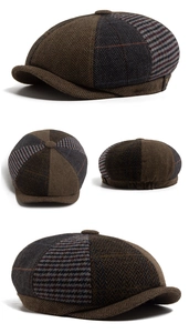 Multi-angle views of a vintage newsboy cap with herringbone pattern and metal badge