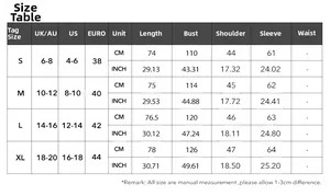 Size guide table for elegant women's faux fur coat with UK, US, and EU measurement details