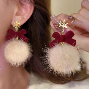Winter snowflake and red bow earrings with beige plush pompom pendant for women