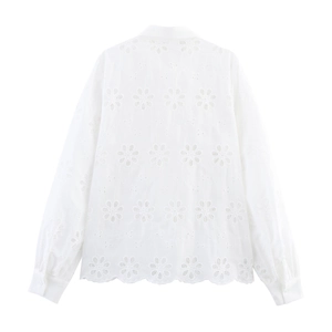 Elegant white long sleeve shirt with hollow flower embroidery and scalloped hem back view