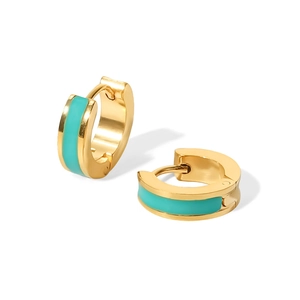 Detailed macro view of 18K gold-plated hoop earrings with vibrant turquoise enamel inlay