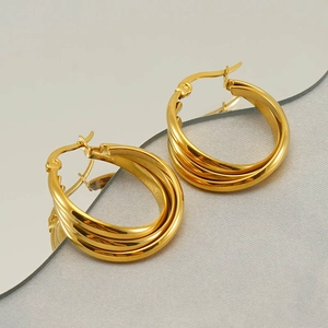 French vintage style gold triple layered hoop earrings in polished stainless steel for women