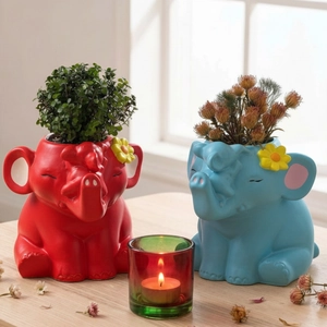 Cute red and blue cartoon elephant ceramic flower pots as home tabletop decorations