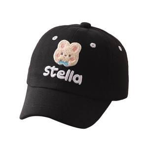 Black kids baseball cap featuring cute plush rabbit embroidery and Stella lettering