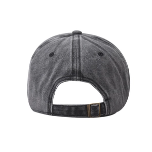 Close-up of the vintage washed grey cotton baseball cap with adjustable metal buckle back