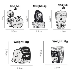 Detailed size guide for gothic enamel pins featuring skulls, ghosts, and tombstones