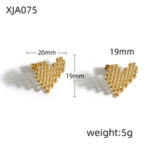 Macro view of gold heart stud earrings with detailed texture and exact dimensions