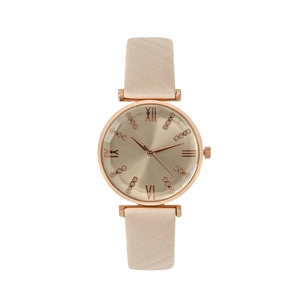 Women's rose gold quartz watch with champagne dial and beige leather band in white background