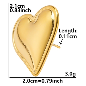 Detailed size chart of 18K gold plated heart earrings showing 2.1cm height and 2.0cm width