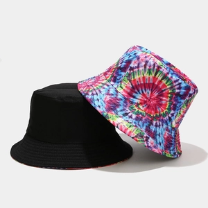 Double-sided rainbow tie-dye and plain black cotton bucket hat for sun protection