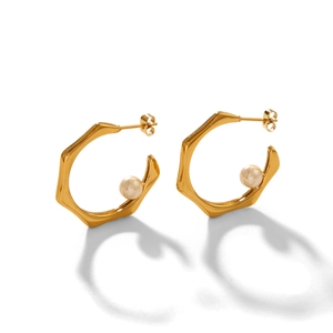 Elegant gold-tone geometric C-shape stainless steel earrings featuring white pearl inlay