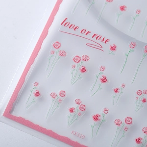 Pink rose 3D floral nail art stickers with KX329 lettering for DIY manicure decor