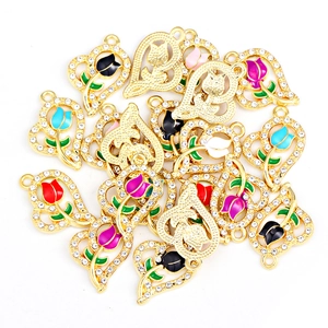 Colorful tulip heart charms with gold metal frames and white crystals for jewelry making