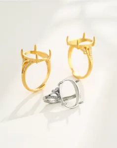 Detail of adjustable S925 silver semi-mount ring bases with micro-pave diamond accents