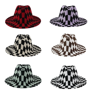 Fedora Hat Wide Brim Checkerboard Pattern Polyester Felt Jazz Cap Vintage British Style For Unisex Adult