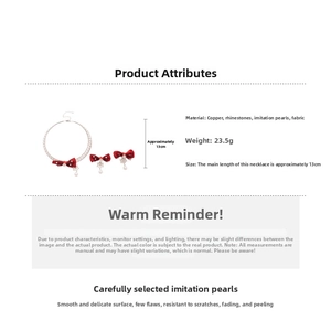 Detail specifications of Christmas jewelry set with red fabric bows and snowflake pearls
