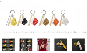 Detailed size view of mini baseball keychain set with wood bat and leather glove charm