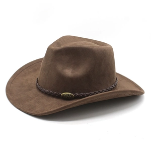 Brauner Wildleder-Cowboyhut mit geflochtenem Lederband und Vintage-Stierkopf-Metallschnalle