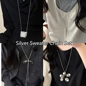 Silver Tone Alloy Long Necklace With Bow Flower And Braided Square Pendants Minimalist Niche Design Jewelry For Women
