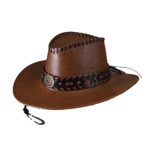 Dark brown faux leather western cowboy hat with turquoise accents and chin strap