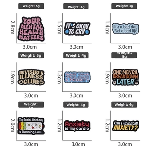 Detailed size and weight chart for colorful enamel mental health quote lapel pins